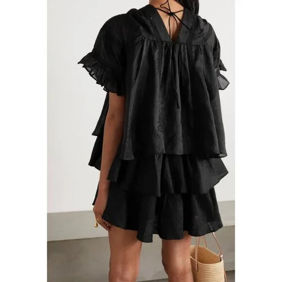Joslin Net Sustain Ellie Crochet-Trimmed Ruffled Linen Dress Black / Size 10 - Picture 2 of 8